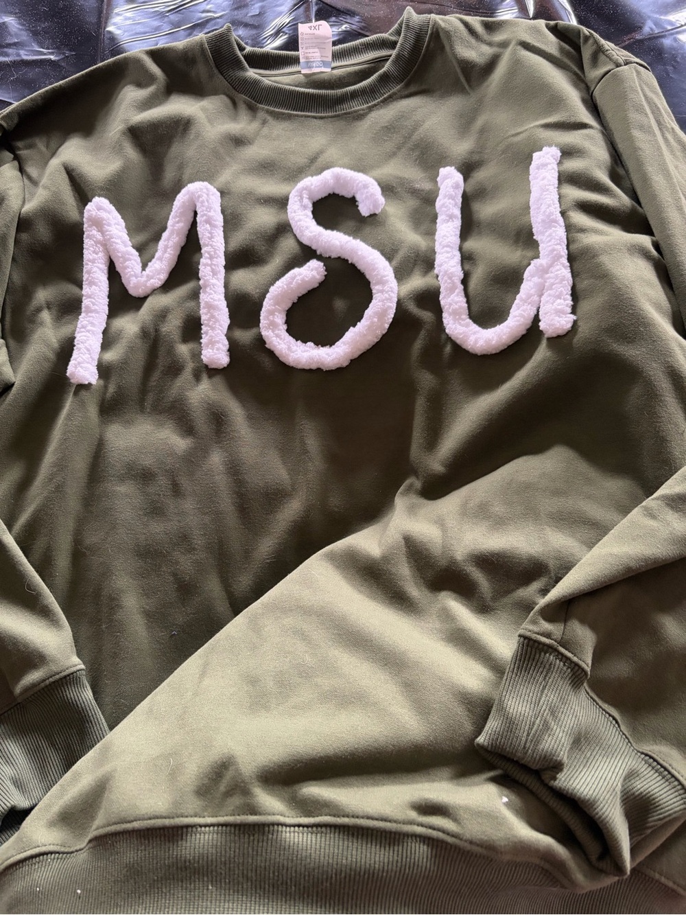 Michigan State Olive Green Sweatshirt with White Plush MSU Letters